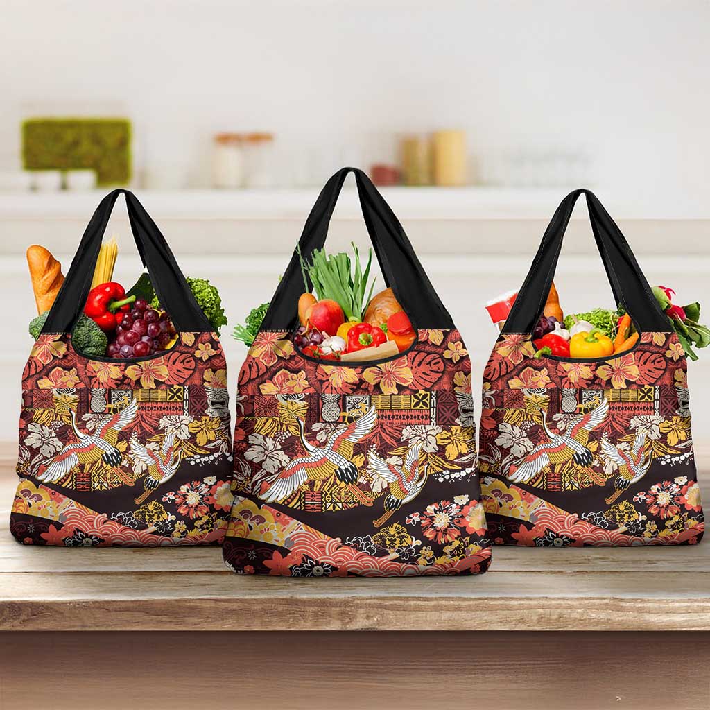 Japanese Hawaiian Crane Grocery Bag Yellow Ochre Tapa Patchwork Pattern