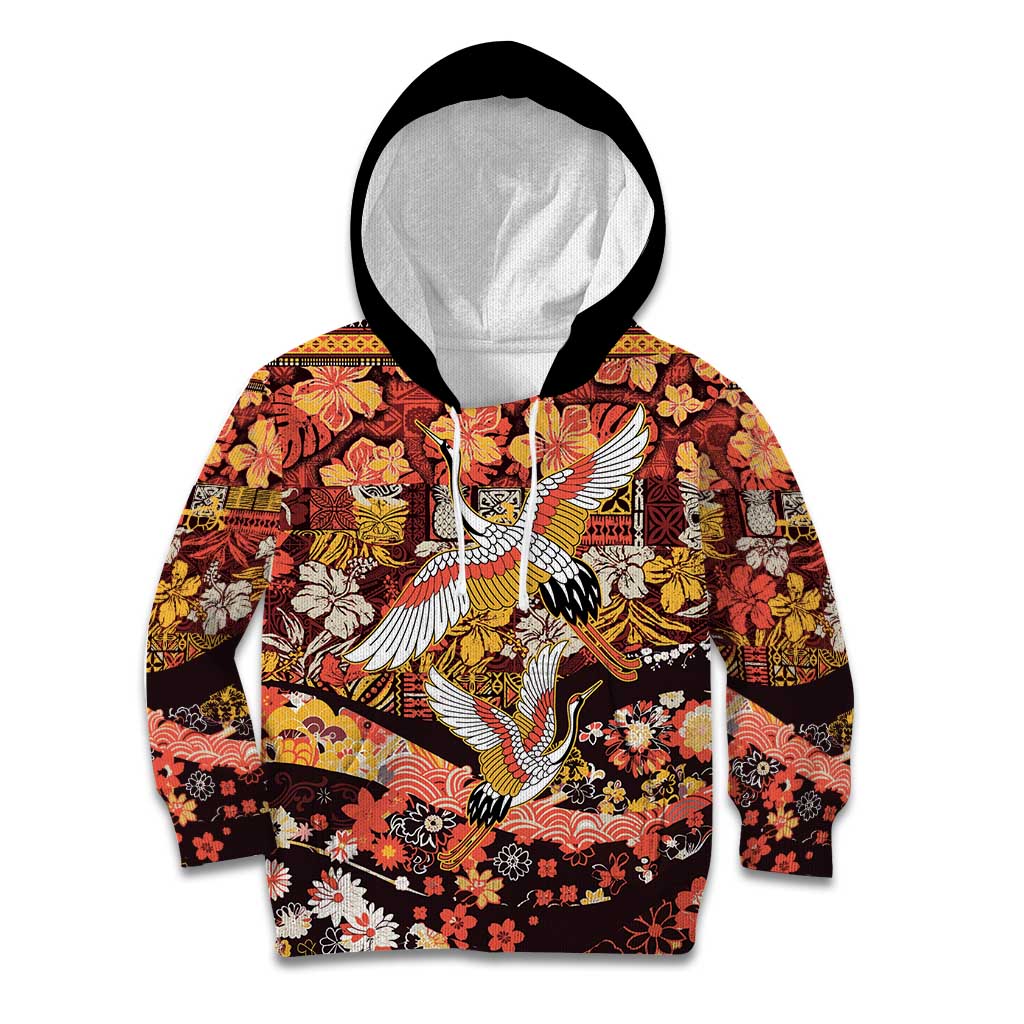 Japanese Hawaiian Crane Kid Hoodie Yellow Ochre Tapa Patchwork Pattern