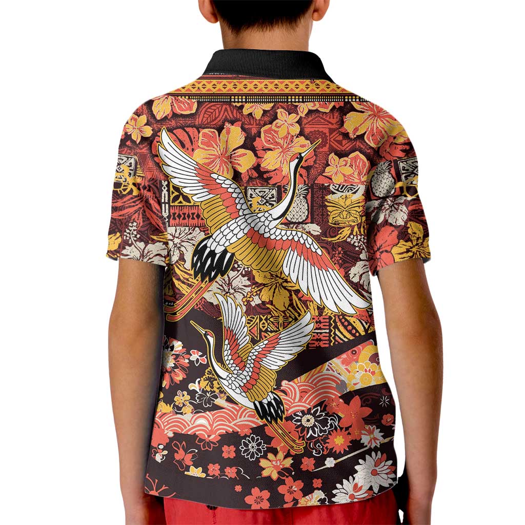 Japanese Hawaiian Crane Kid Polo Shirt Yellow Ochre Tapa Patchwork Pattern