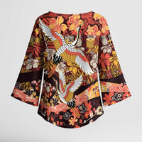 Japanese Hawaiian Crane Kimono Sleeve Blouse Yellow Ochre Tapa Patchwork Pattern LT9 - Polynesian Pride