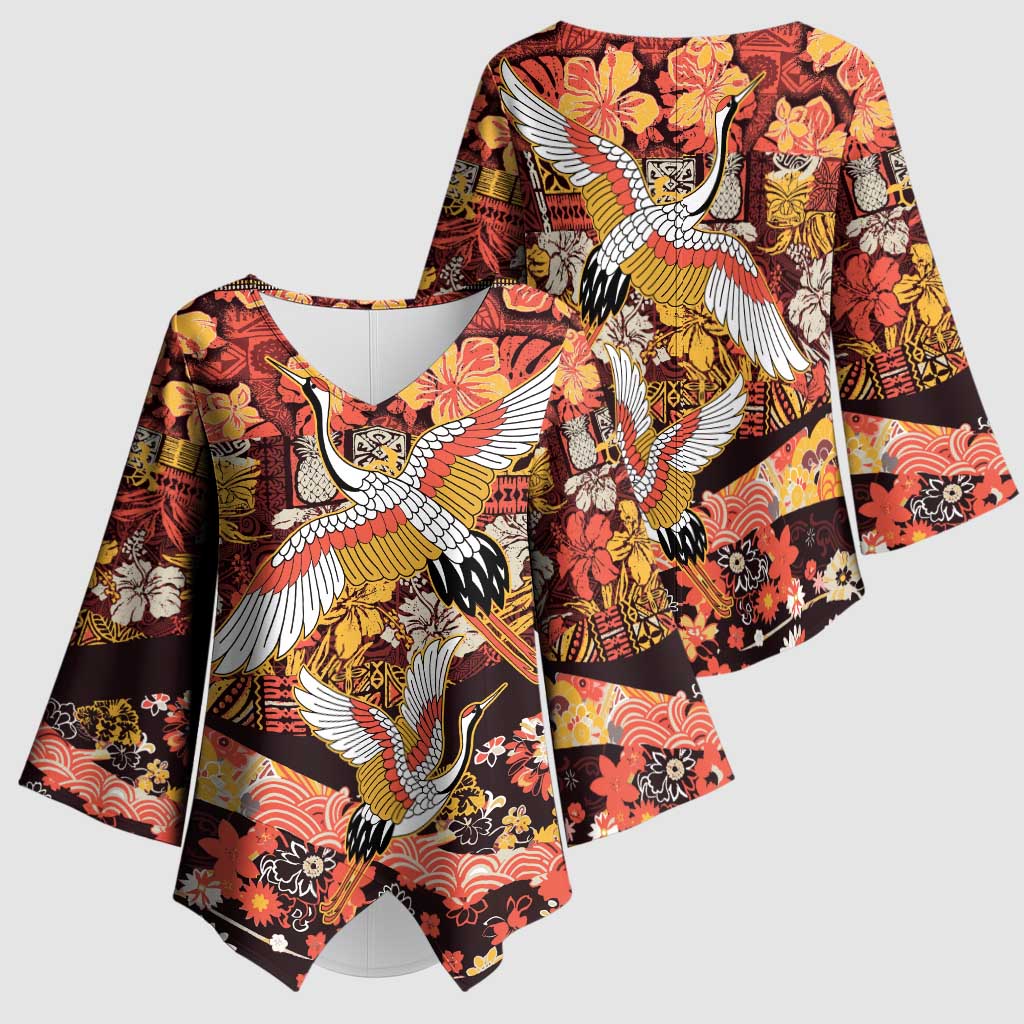 Japanese Hawaiian Crane Kimono Sleeve Blouse Yellow Ochre Tapa Patchwork Pattern LT9 - Polynesian Pride