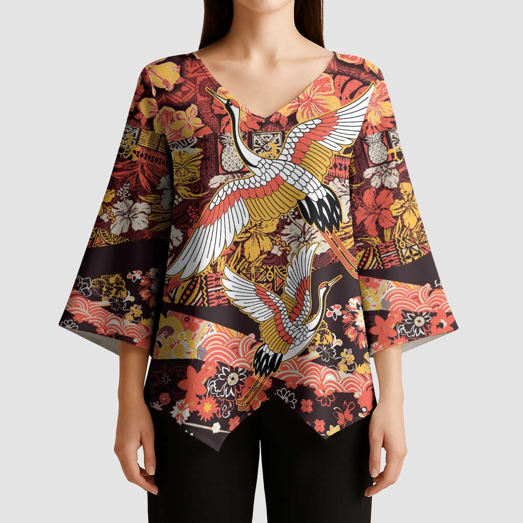 Japanese Hawaiian Crane Kimono Sleeve Blouse Yellow Ochre Tapa Patchwork Pattern LT9 - Polynesian Pride
