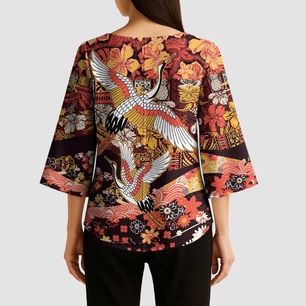 Japanese Hawaiian Crane Kimono Sleeve Blouse Yellow Ochre Tapa Patchwork Pattern LT9 - Polynesian Pride