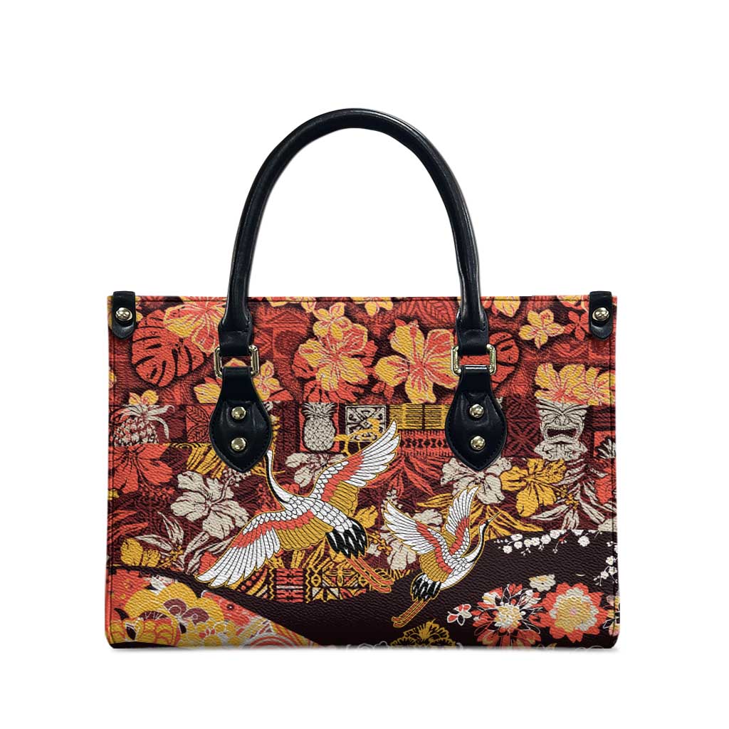 Japanese Hawaiian Crane Leather Bag Yellow Ochre Tapa Patchwork Pattern