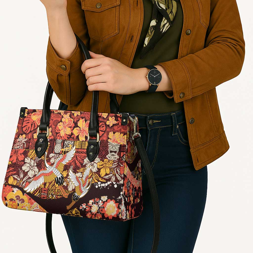 Japanese Hawaiian Crane Leather Bag Yellow Ochre Tapa Patchwork Pattern