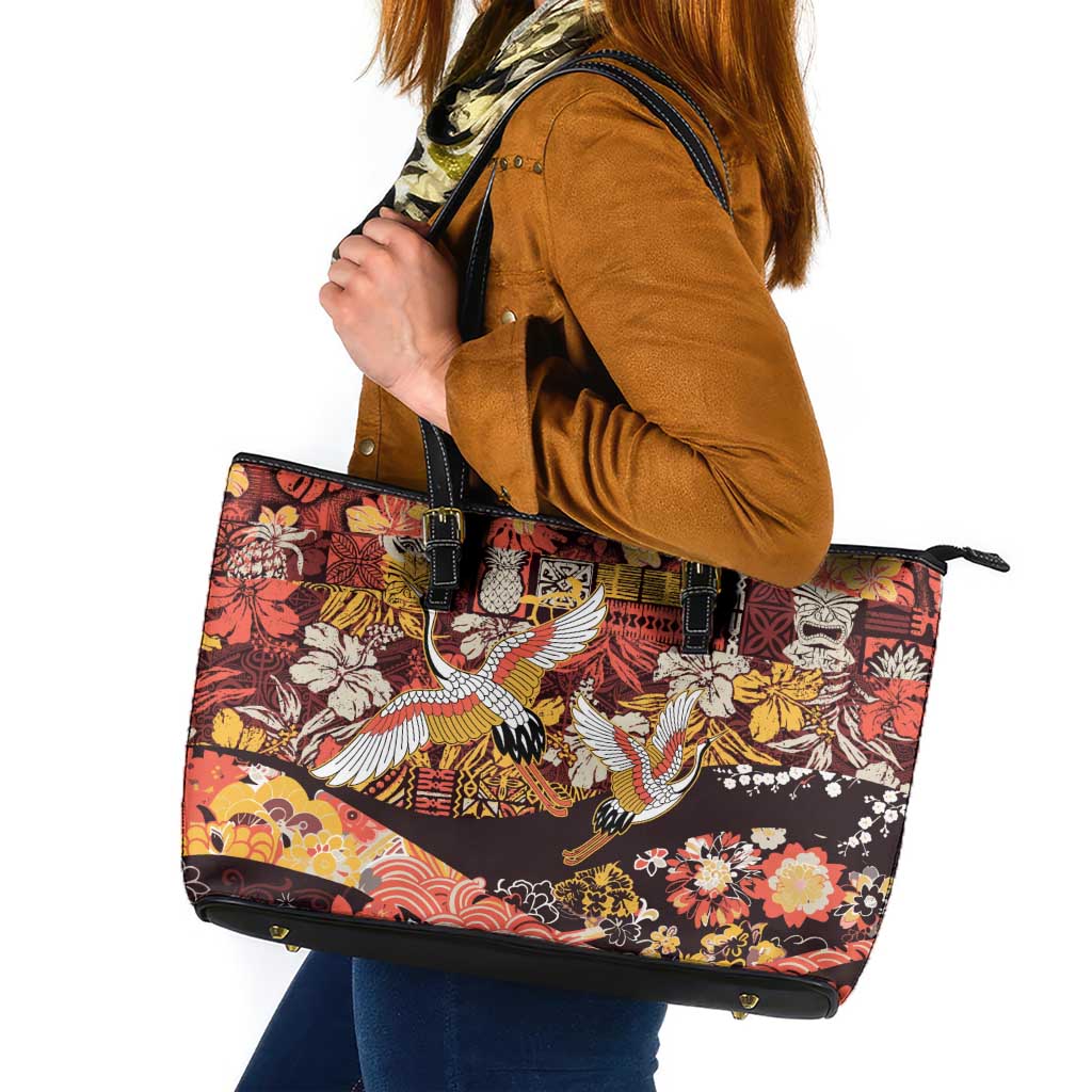 Japanese Hawaiian Crane Leather Tote Bag Yellow Ochre Tapa Patchwork Pattern