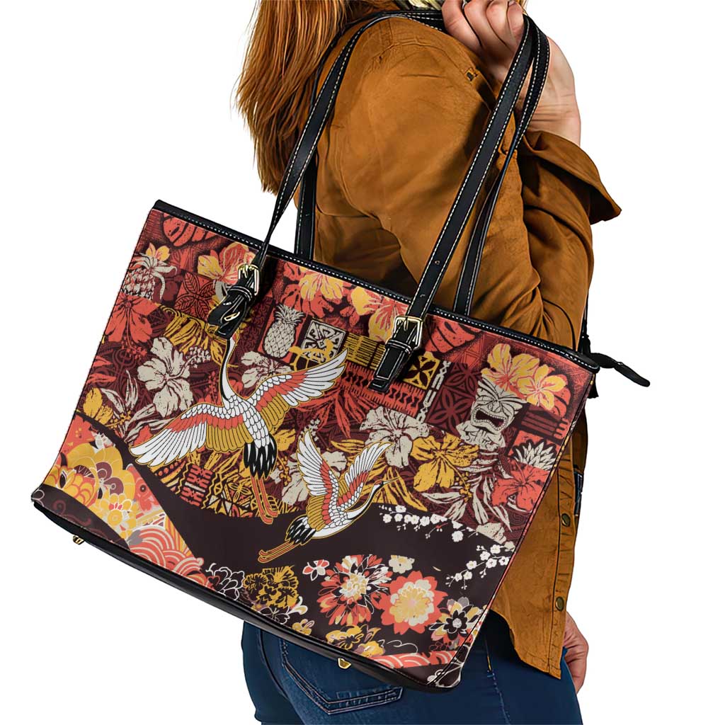 Japanese Hawaiian Crane Leather Tote Bag Yellow Ochre Tapa Patchwork Pattern