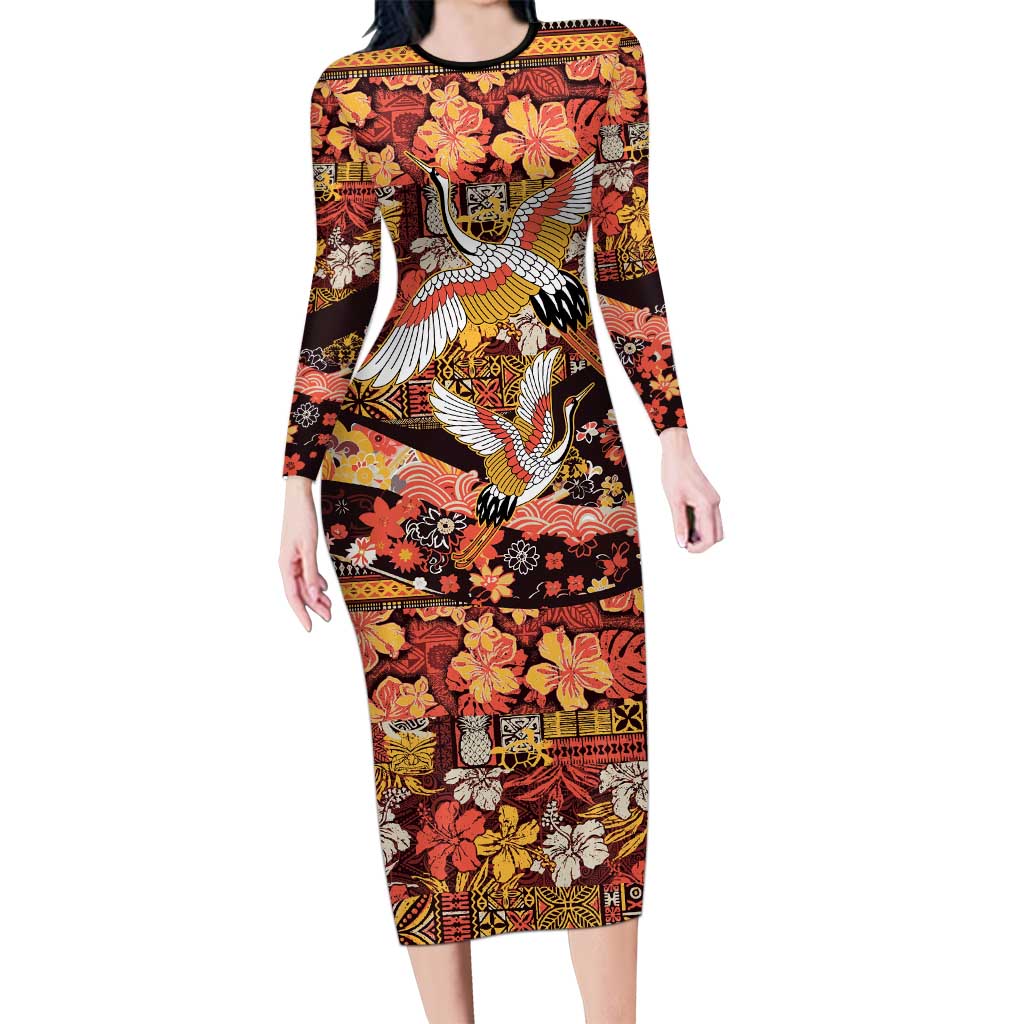 Japanese Hawaiian Crane Long Sleeve Bodycon Dress Yellow Ochre Tapa Patchwork Pattern