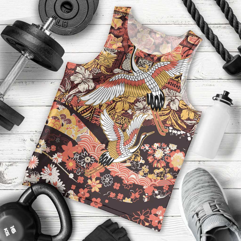 Japanese Hawaiian Crane Men Tank Top Yellow Ochre Tapa Patchwork Pattern