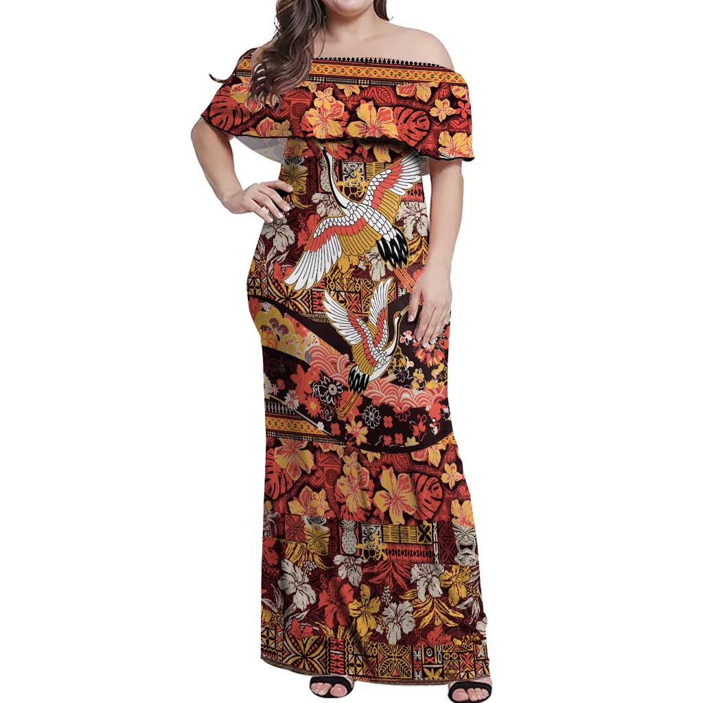 Japanese Hawaiian Crane Off Shoulder Maxi Dress Yellow Ochre Tapa Patchwork Pattern