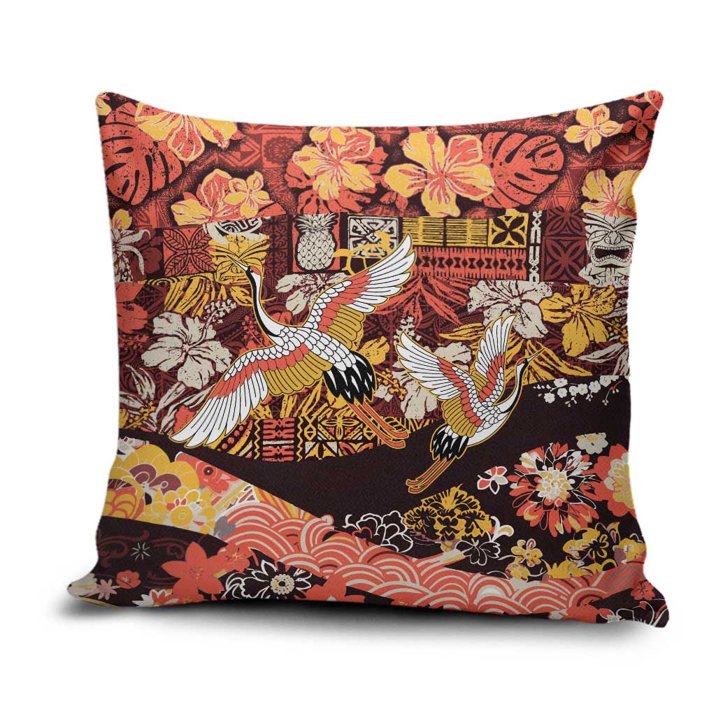 Japanese Hawaiian Crane Pillow Cover Yellow Ochre Tapa Patchwork Pattern LT9 Yellow - Polynesian Pride