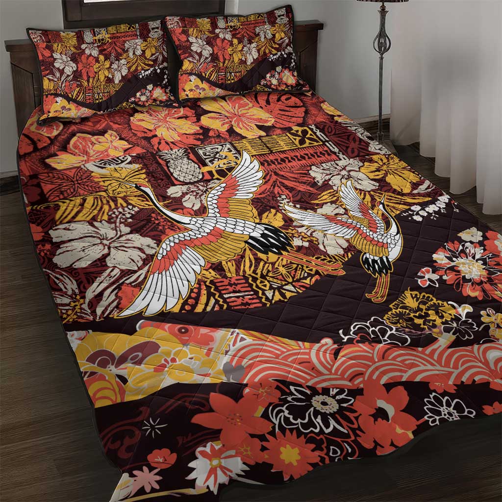 Japanese Hawaiian Crane Quilt Bed Set Yellow Ochre Tapa Patchwork Pattern