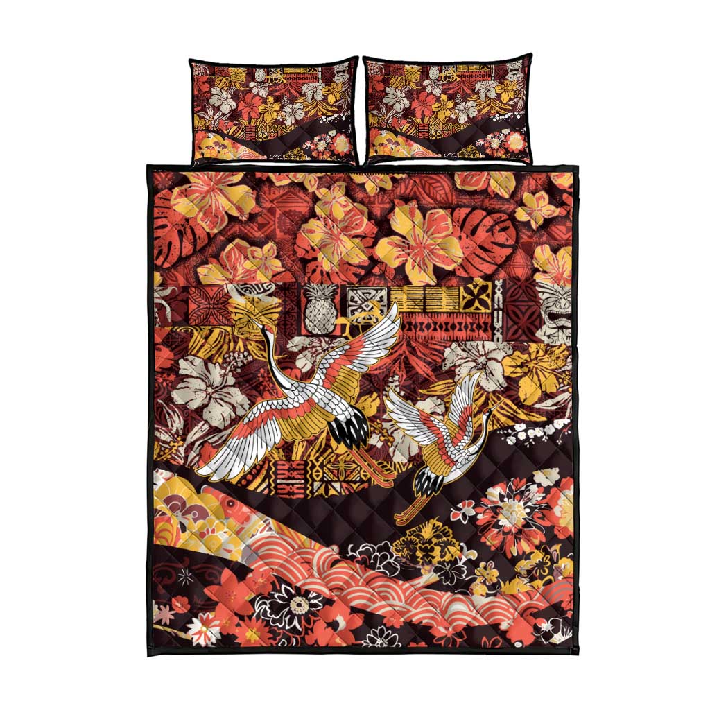 Japanese Hawaiian Crane Quilt Bed Set Yellow Ochre Tapa Patchwork Pattern