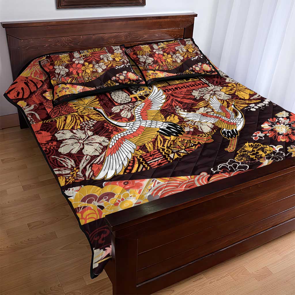 Japanese Hawaiian Crane Quilt Bed Set Yellow Ochre Tapa Patchwork Pattern
