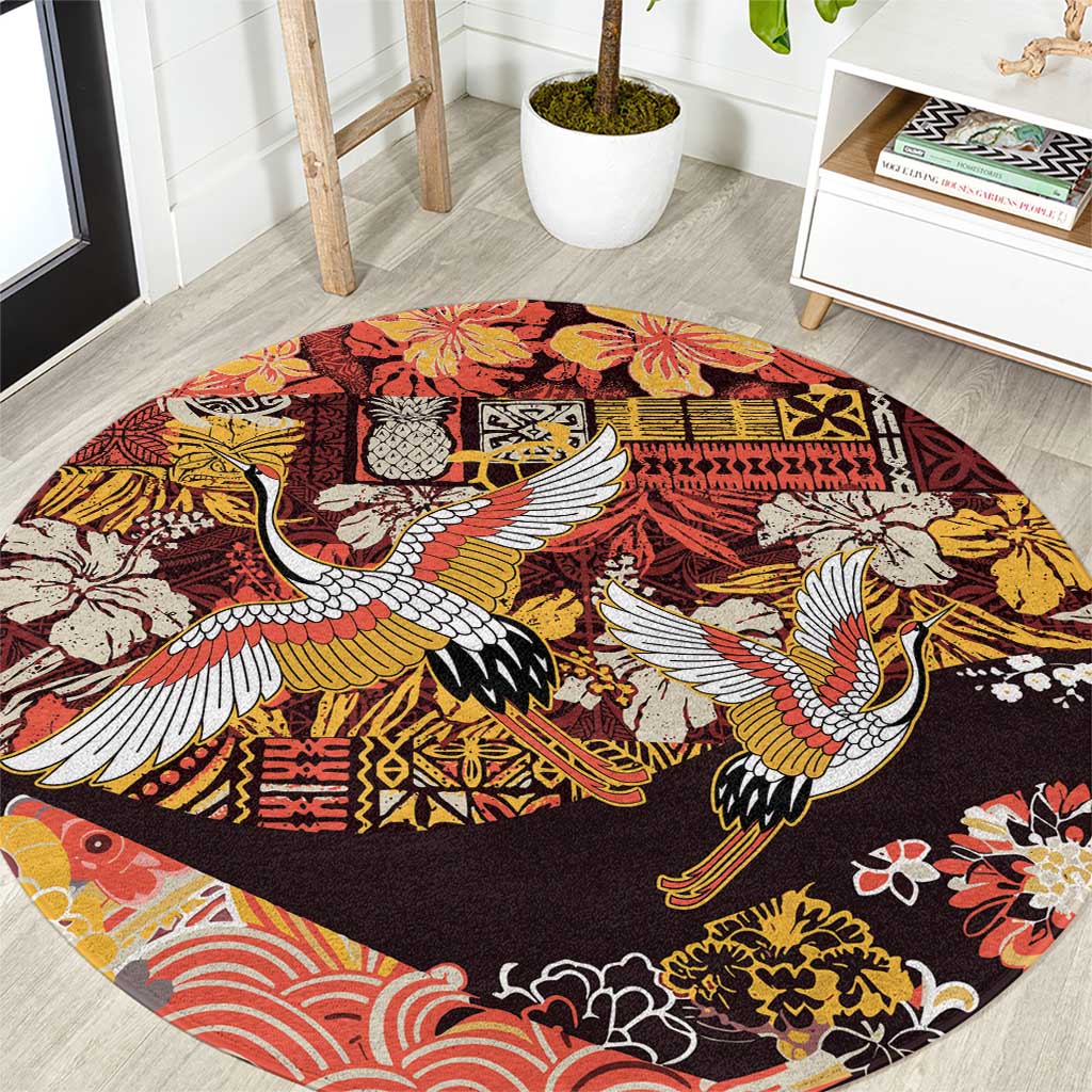 Japanese Hawaiian Crane Round Carpet Yellow Ochre Tapa Patchwork Pattern