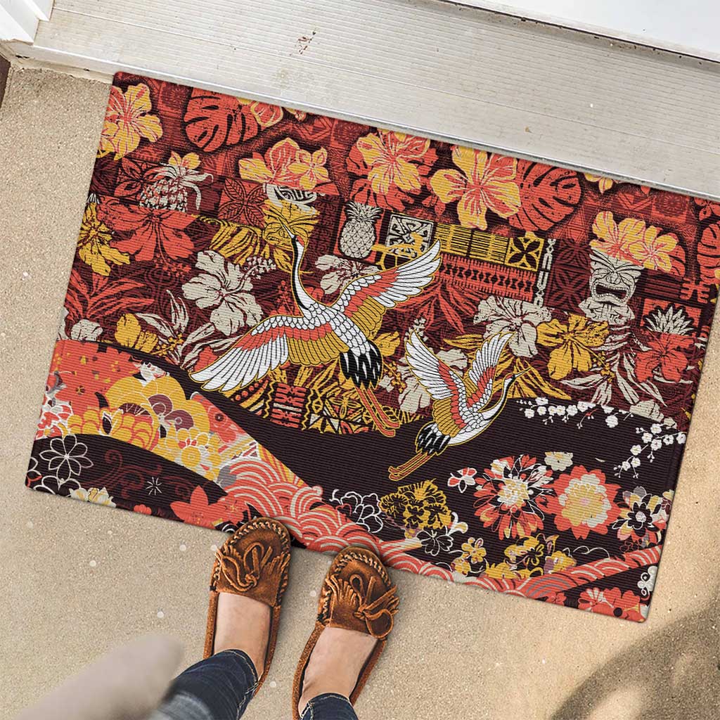Japanese Hawaiian Crane Rubber Doormat Yellow Ochre Tapa Patchwork Pattern LT9 - Polynesian Pride
