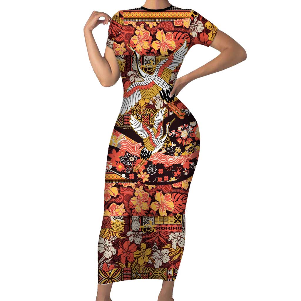 Japanese Hawaiian Crane Short Sleeve Bodycon Dress Yellow Ochre Tapa Patchwork Pattern