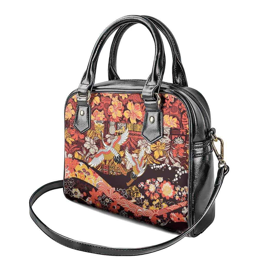 Japanese Hawaiian Crane Shoulder Handbag Yellow Ochre Tapa Patchwork Pattern LT9 - Polynesian Pride