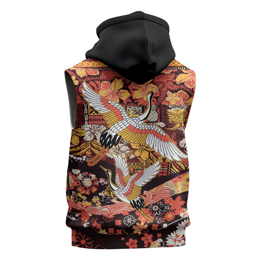 Japanese Hawaiian Crane Sleeveless Hoodie Yellow Ochre Tapa Patchwork Pattern LT9 - Polynesian Pride