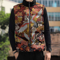 Japanese Hawaiian Crane Sleeveless Puffer Jacket Yellow Ochre Tapa Patchwork Pattern