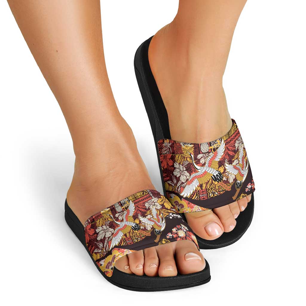 Japanese Hawaiian Crane Slide Sandals Yellow Ochre Tapa Patchwork Pattern LT9 - Polynesian Pride