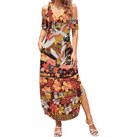 Japanese Hawaiian Crane Summer Maxi Dress Yellow Ochre Tapa Patchwork Pattern
