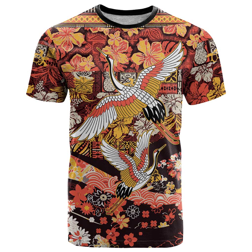 Japanese Hawaiian Crane T Shirt Yellow Ochre Tapa Patchwork Pattern
