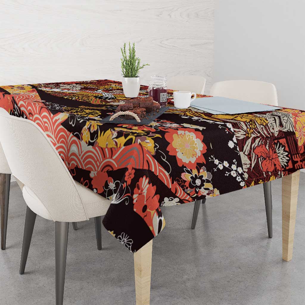 Japanese Hawaiian Crane Tablecloth Yellow Ochre Tapa Patchwork Pattern