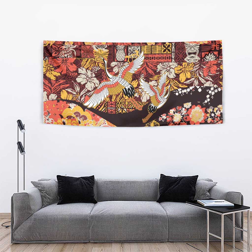 Japanese Hawaiian Crane Tapestry Yellow Ochre Tapa Patchwork Pattern