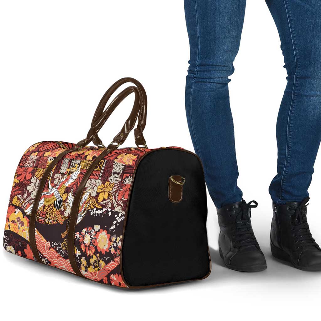 Japanese Hawaiian Crane Travel Bag Yellow Ochre Tapa Patchwork Pattern