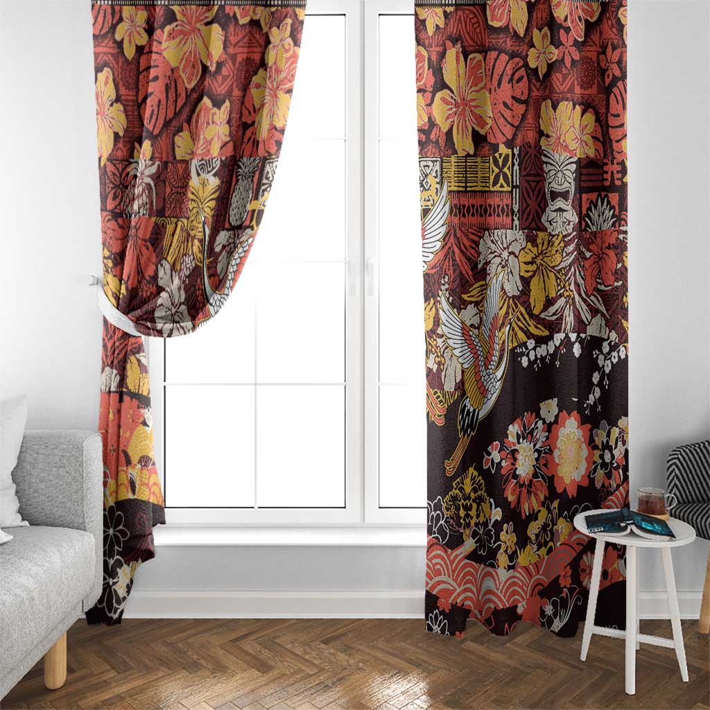 Japanese Hawaiian Crane Window Curtain Yellow Ochre Tapa Patchwork Pattern