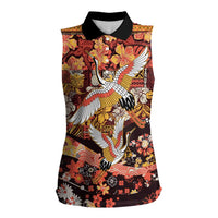 Japanese Hawaiian Crane Women Sleeveless Polo Shirt Yellow Ochre Tapa Patchwork Pattern