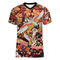 Japanese Hawaiian Crane Women V-Neck T-Shirt Yellow Ochre Tapa Patchwork Pattern