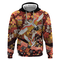 Japanese Hawaiian Crane Zip Hoodie Yellow Ochre Tapa Patchwork Pattern