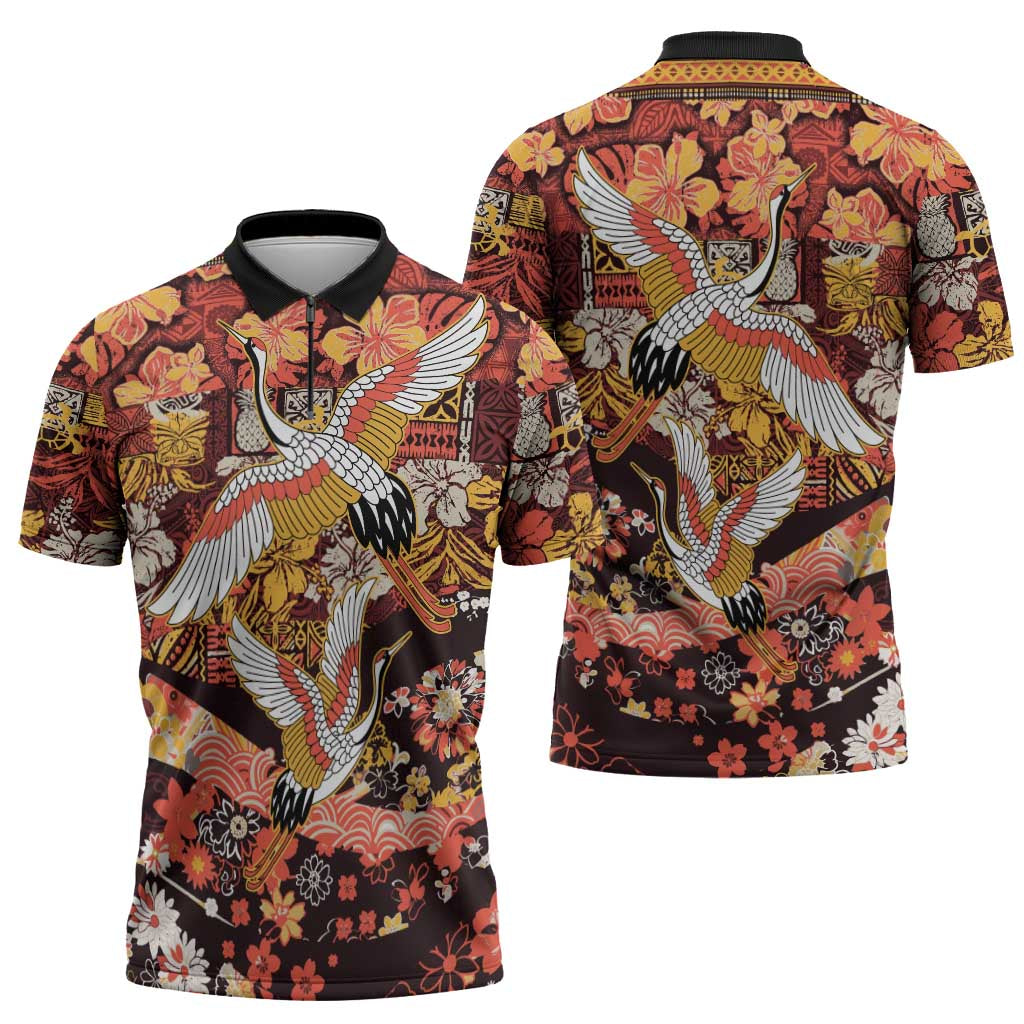 Japanese Hawaiian Crane Zipper Polo Shirt Yellow Ochre Tapa Patchwork Pattern