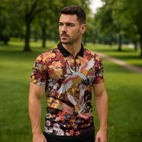 Japanese Hawaiian Crane Zipper Polo Shirt Yellow Ochre Tapa Patchwork Pattern
