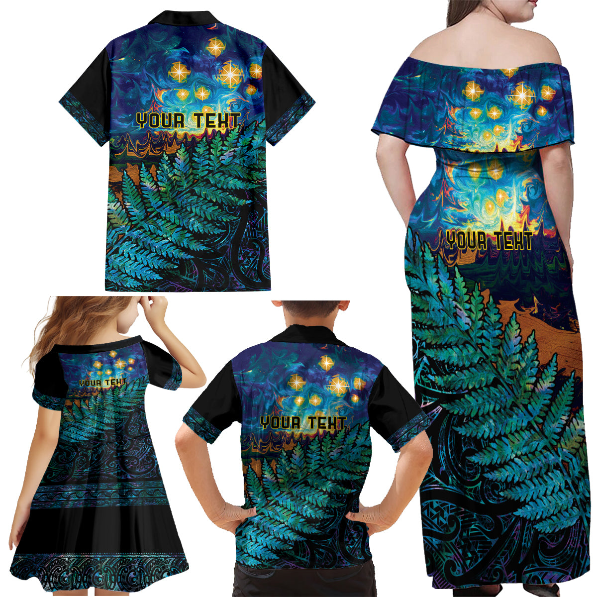 Matariki Te Tau Hou Maori Family Matching Off Shoulder Maxi Dress and Hawaiian Shirt New Zealand Silver Fern Night Starry Sky