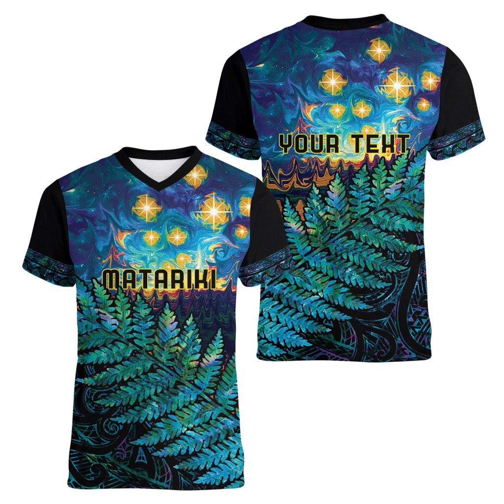 Matariki Te Tau Hou Maori Women V-Neck T-Shirt New Zealand Silver Fern Night Starry Sky