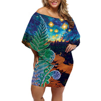 Personalised New Zealand Matariki Art Star Family Matching Off Shoulder Short Dress and Hawaiian Shirt Koru Fern Night Starry Sky