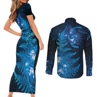 New Zealand Matariki Couples Matching Short Sleeve Bodycon Dress and Long Sleeve Button Shirt Blue Milky Way Stars Night Sky