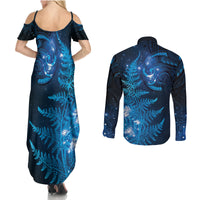 New Zealand Matariki Couples Matching Summer Maxi Dress and Long Sleeve Button Shirt Blue Milky Way Stars Night Sky