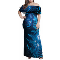 New Zealand Matariki Family Matching Off Shoulder Maxi Dress and Hawaiian Shirt Blue Milky Way Stars Night Sky
