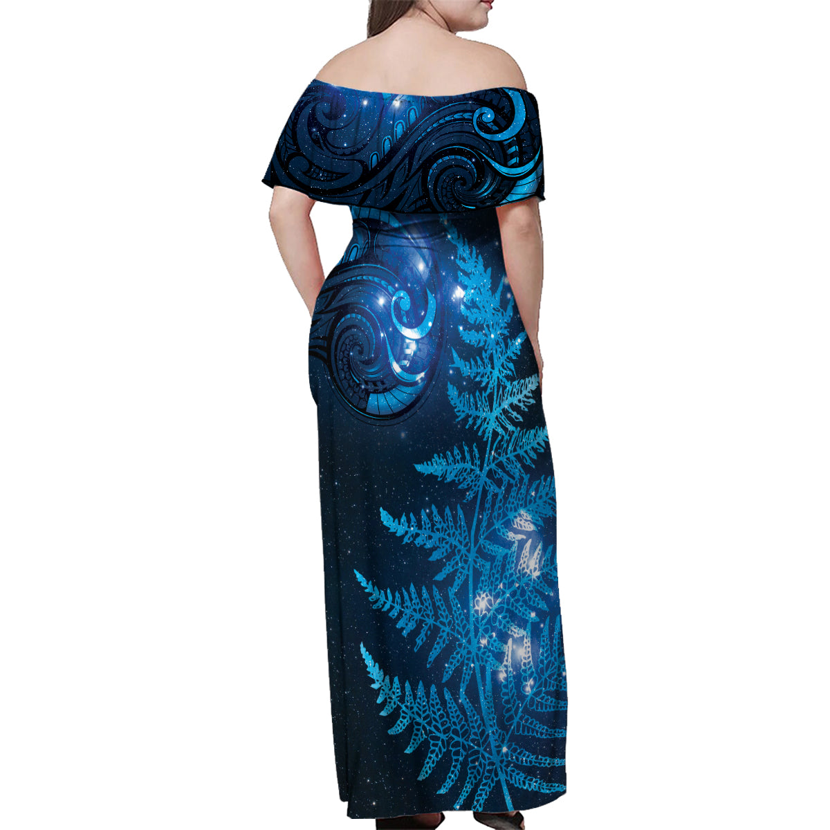 New Zealand Matariki Family Matching Off Shoulder Maxi Dress and Hawaiian Shirt Blue Milky Way Stars Night Sky