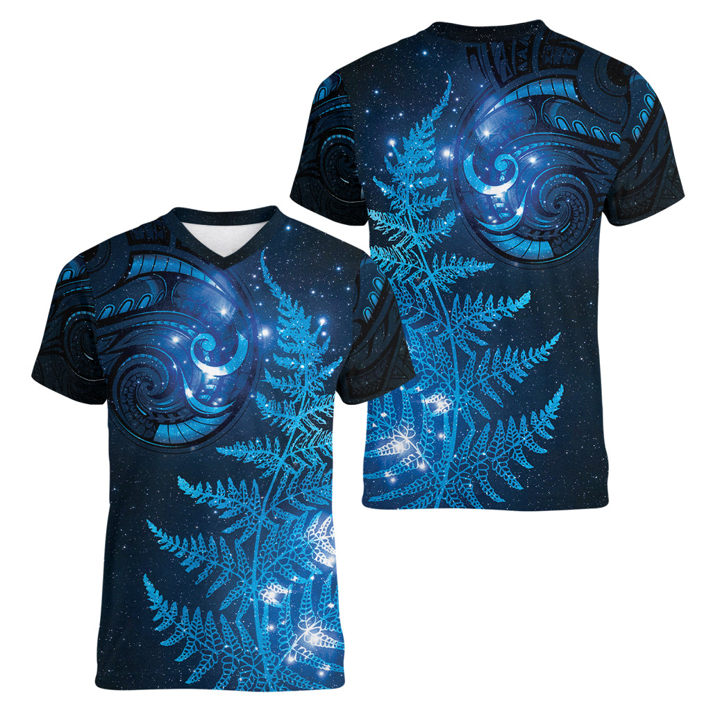New Zealand Matariki Women V-Neck T-Shirt Blue Milky Way Stars Night Sky