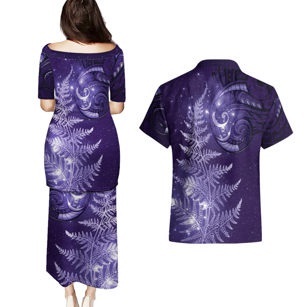 New Zealand Matariki Couples Matching Puletasi and Hawaiian Shirt Purple Milky Way Stars Night Sky
