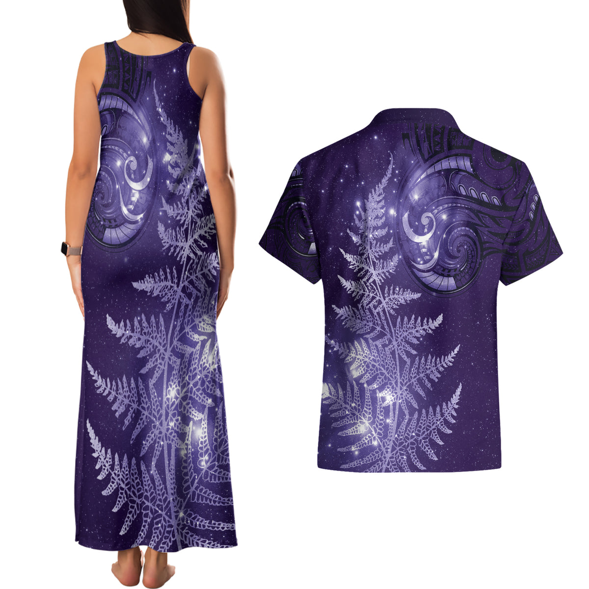 New Zealand Matariki Couples Matching Tank Maxi Dress and Hawaiian Shirt Purple Milky Way Stars Night Sky
