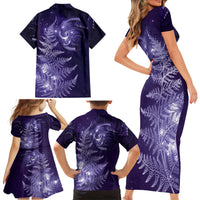 New Zealand Matariki Family Matching Short Sleeve Bodycon Dress and Hawaiian Shirt Purple Milky Way Stars Night Sky