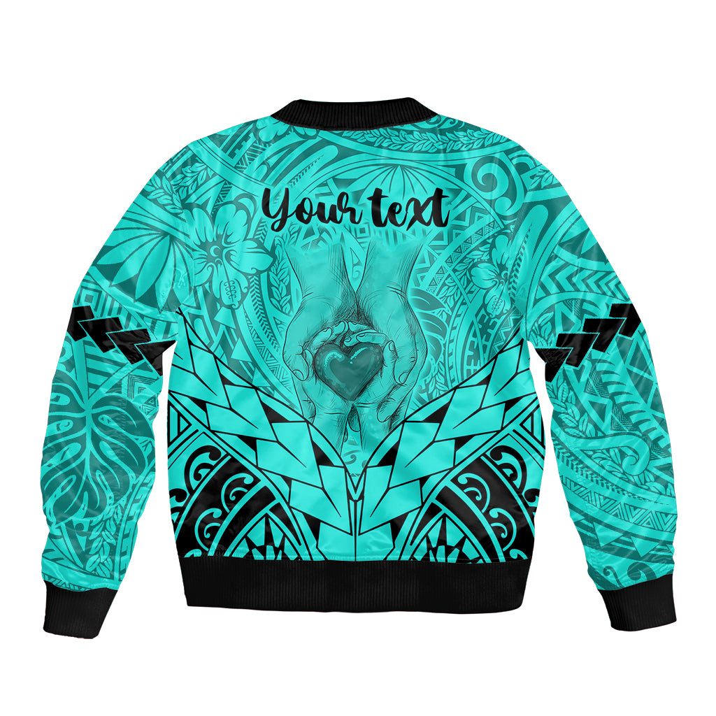 Personalised Polynesian Father's Day Gift For Dad Sleeve Zip Bomber Jacket Super Father In The World - Turquoise Polynesian Pattern LT9 - Polynesian Pride