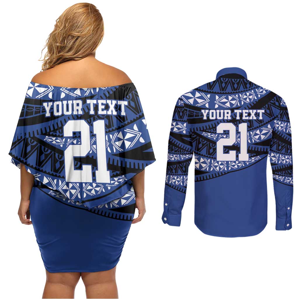 Fiji Rugby Pacific Custom Couples Matching Off Shoulder Short Dress and Long Sleeve Button Shirt Pasifika Tapa Pattern