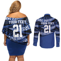 Fiji Rugby Pacific Custom Couples Matching Off Shoulder Short Dress and Long Sleeve Button Shirt Pasifika Tapa Pattern